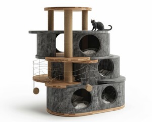 Gray Fur Cat Condo with Multiple Levels