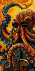 Surreal colorful painting of an octopus playing the saxophone