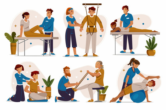 Hand drawn flat physiotherapy element set collection