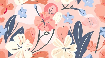 Soft blooms flat design side view soft theme cartoon drawing Tetradic color scheme . Seamless Pattern, Fabric Pattern.