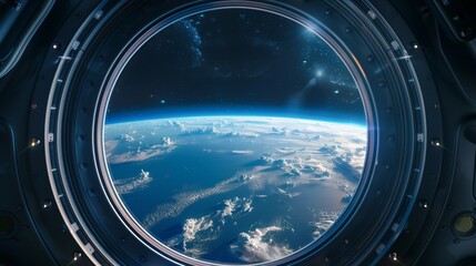 spaceship window with sunrise over planet view, space station porthole illuminator with planetary sunset view, astronomy background concept