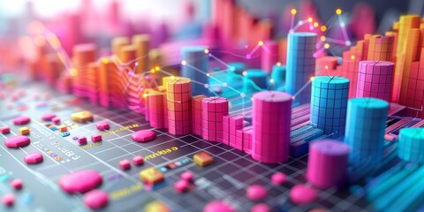 Colorful 3D data visualization with bar and line graphs on a digital interface