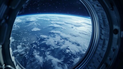 spaceship window with sunrise over planet view, space station porthole illuminator with planetary sunset view, astronomy background concept