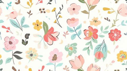 Flower wallpaper flat design top view romantic theme cartoon drawing colored pastel . Seamless Pattern, Fabric Pattern.