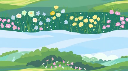 Obraz premium Rolling flower meadows flat design side view rolling hills theme cartoon drawing Tetradic color scheme. Seamless Pattern, Fabric Pattern.