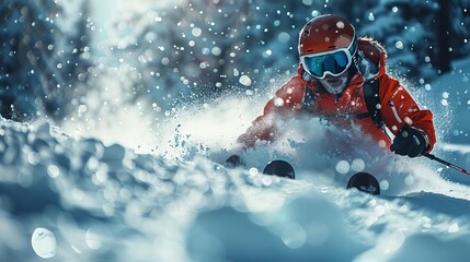Adventurous skier in red jacket carving through fresh snow, surrounded by snowflakes and winter scenery on a crisp, sunny day.