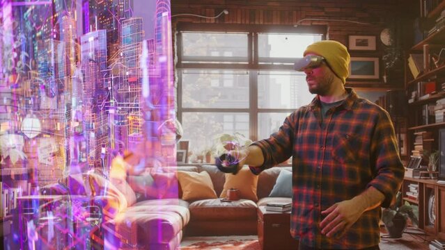 Man in casual attire using VR headset to navigate virtual reality in a contemporary setting