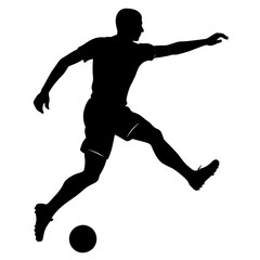 A silhouette of a soccer player kicking a soccer ball on a field