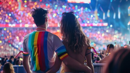 Fototapeta premium Back view of a couple in a sports stadium, holding hands, rainbowcolored wristbands, walking among cheering fans, vibrant and energetic sports event, festive setting
