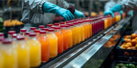Worker in a vibrant manufacturing plant on fruit juice production line. Concept Manufacturing Plant, Fruit Juice Production, Worker, Vibrant Environment, Production Line