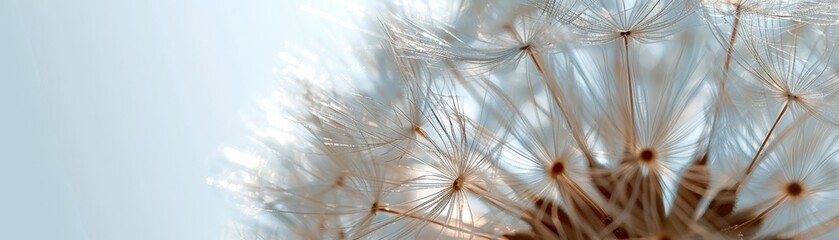 Close-up of a delicate white dandelion seed head against a soft blue background.