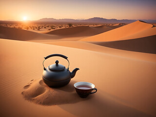 Teapot over the sand of desert at sunset scenery with empty space design.