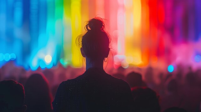 Silhouette of a woman with a bun watching a colorful light show with a crowd in the foreground.