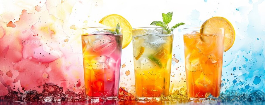 Three refreshing summer drinks with ice and fruit.
