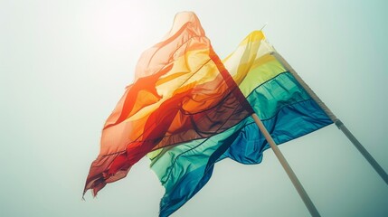 Two rainbow flags waving in the wind against a bright sky.  The flags are colorful and vibrant.