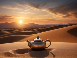 Teapot over the sand of desert at sunset scenery with empty space design.