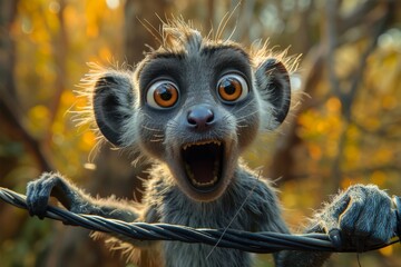 Fototapeta premium A joyful monkey widely opens its mouth in an expression of surprise or excitement