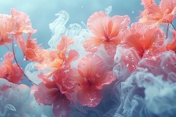 Surreal imagery of blooming flowers amidst a misty blue and pink toned swirl of colors
