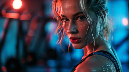 Fototapeta premium Portrait of a blonde sweating after working out in the gym. Dual light colours