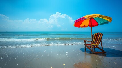 Colorful Beach Umbrella And Wooden Chair On Wet Sandy Shore Facing Gentle Ocean Waves Under Bright Blue Sky On Peaceful Tropical Summer Day