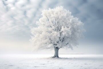Solitary tree with frost-covered branches stands in a tranquil snowy field under a cloudy sky