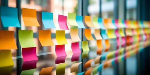 Colorful sticky notes on whiteboard in modern office during creative brainstorming. Concept Creative Brainstorming, Modern Office, Sticky Notes, Colorful Props, Collaboration