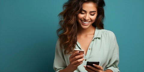 Latin woman happily using smartphone for online shopping on blue background. Concept Online Shopping, Latina Woman, Smartphone, Blue Background, Happy Expression