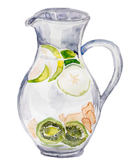 Glass jug with summer fresh drink isolated on white. Watercolor lemonade drink clipart.