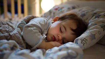 Close up view a cute baby is sleeping in bed