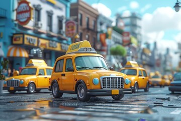 A vivid 3D illustration of yellow taxis on a busy city street