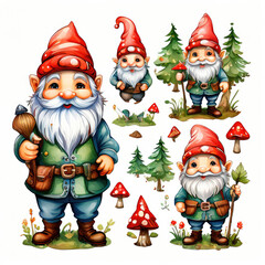 Obraz premium Watercolor cute funny Christmas gnomes set.