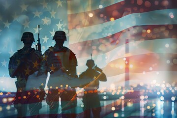 American flag waving with uniformed soldiers giving salutes on Independence Day, focus on, military bands, realistic, Double exposure, town square backdrop