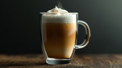 A steamy cup of cappuccino in a glass mug on a rustic wooden table, against a dark background, showcasing frothy milk on top.
