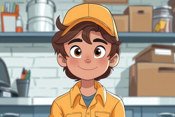 An animated young male worker with arms crossed wearing an orange uniform, set in a garage environment