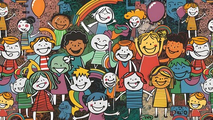 Obraz premium Colorful funny children doodle icon seamless pattern. Cute happy kid drawing