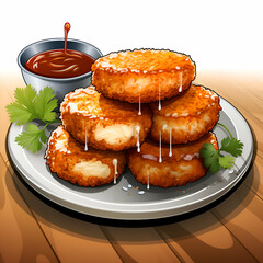 Illustration of fried fish cakes on a plate with sauce on a wooden background