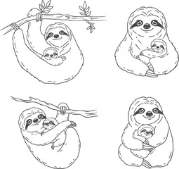 set of mom and baby sloth, vector, isolated outline drawing.