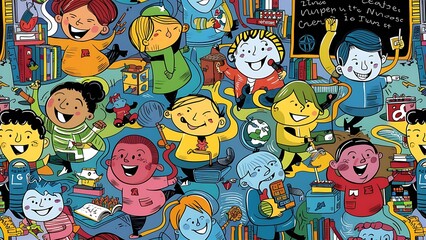 Colorful funny children doodle icon seamless pattern. Cute happy kid drawing