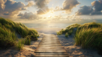 wooden path leading to the beach with sunset and sea view. Beautiful nature landscape background. - Powered by Adobe