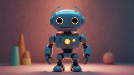 Creative robot with funny expression on blur background