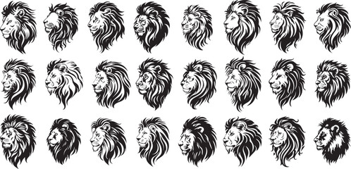 set of lion head silhouettes on isolated background, logos illustrations, lions logo vector