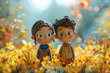 Two stylized figures stand close together amidst a vibrant field of yellow flowers