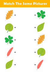 Picture Matching Worksheet for Preschool. Educational activity with cute leaf illustration. Educational fun game for children.