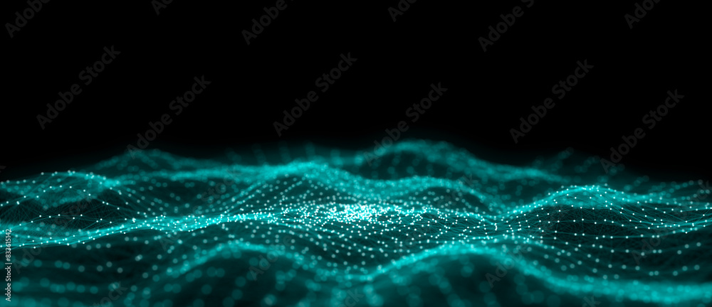 Fototapete Circle blue wave of particles. Abstract background with a dynamic wave. 3d rendering.