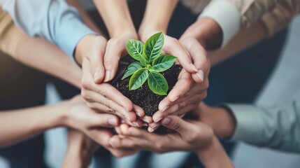 Green business eco company partners holding plant together trust mission team with green hands stacked. Ecology collaboration development ecosystem organization in greenery company partnership concept