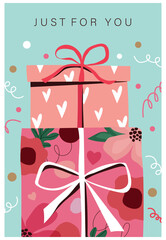 Happy birthday greeting card. Cute poster with wrapped gift boxes with ribbons and bows. Present for anniversary or holiday celebration. Cartoon flat vector illustration isolated on white background