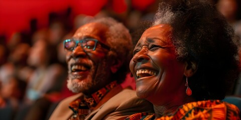 Obraz premium Elderly African American couple enjoying a comedy show in theater. Concept Comedy Show, Theater, Elderly Couple, African American, Enjoyment