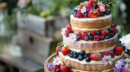 A beautiful, rustic naked cake with fresh berries and edible flowers, showcasing a minimalist and natural style