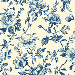 Toile De Jouy Vintage Floral Seamless Pattern Elegant Vector Graphics
