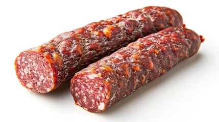 Two pieces of meat are cut in half and are sitting on a white background